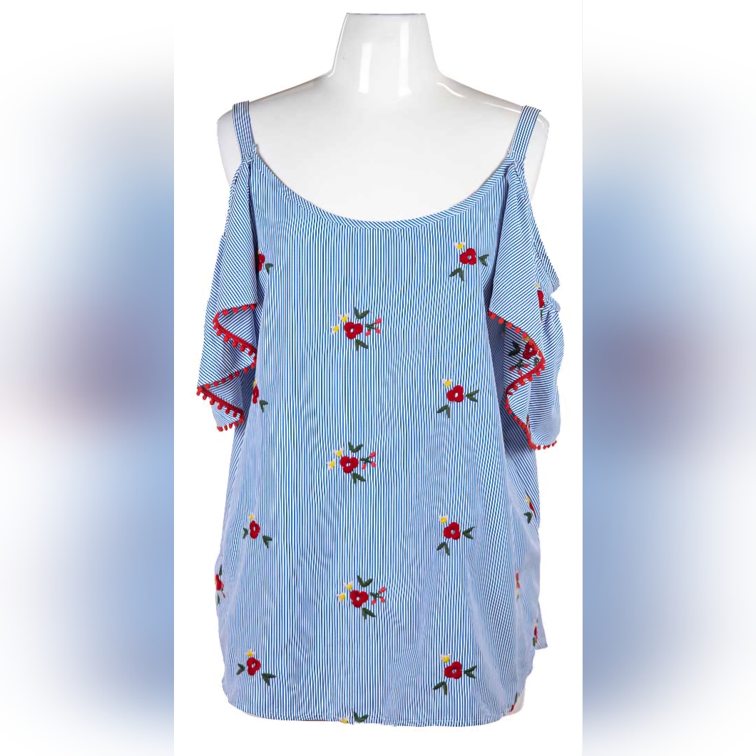 Nwt Grand Greene Brand Blue Striped Top With Floral Accents Nwt Grand Greene Brand Blue Striped Top With Floral Accents